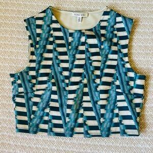 Ronny Kobo XS Turquoise Blue Ivory Geometric Print Sleeveless Crop Top Stretch